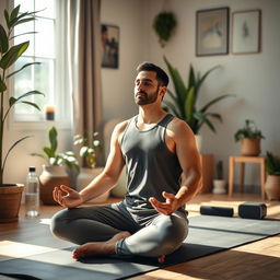 A serene scene capturing a man in a home workout environment, practicing meditation