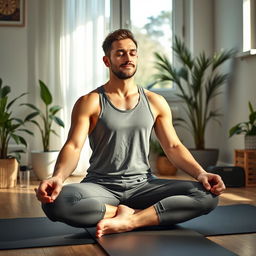 A serene scene capturing a man in a home workout environment, practicing meditation