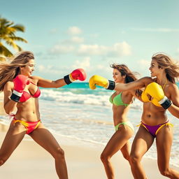 A dynamic scene depicting a fierce yet playful beach boxing match between two attractive women wearing colorful bikinis