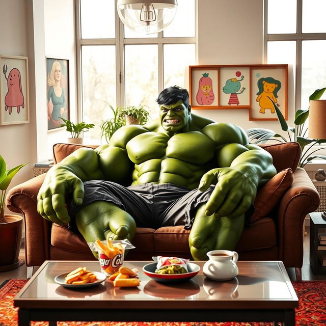 The Hulk sitting on a cozy, stylish sofa in a modern living room, surrounded by colorful decorations and playful art