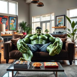 The Hulk sitting on a cozy, stylish sofa in a modern living room, surrounded by colorful decorations and playful art