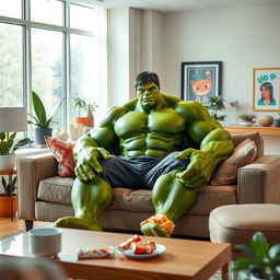 The Hulk sitting on a cozy, stylish sofa in a modern living room, surrounded by colorful decorations and playful art