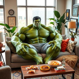 The Hulk sitting on a cozy, stylish sofa in a modern living room, surrounded by colorful decorations and playful art