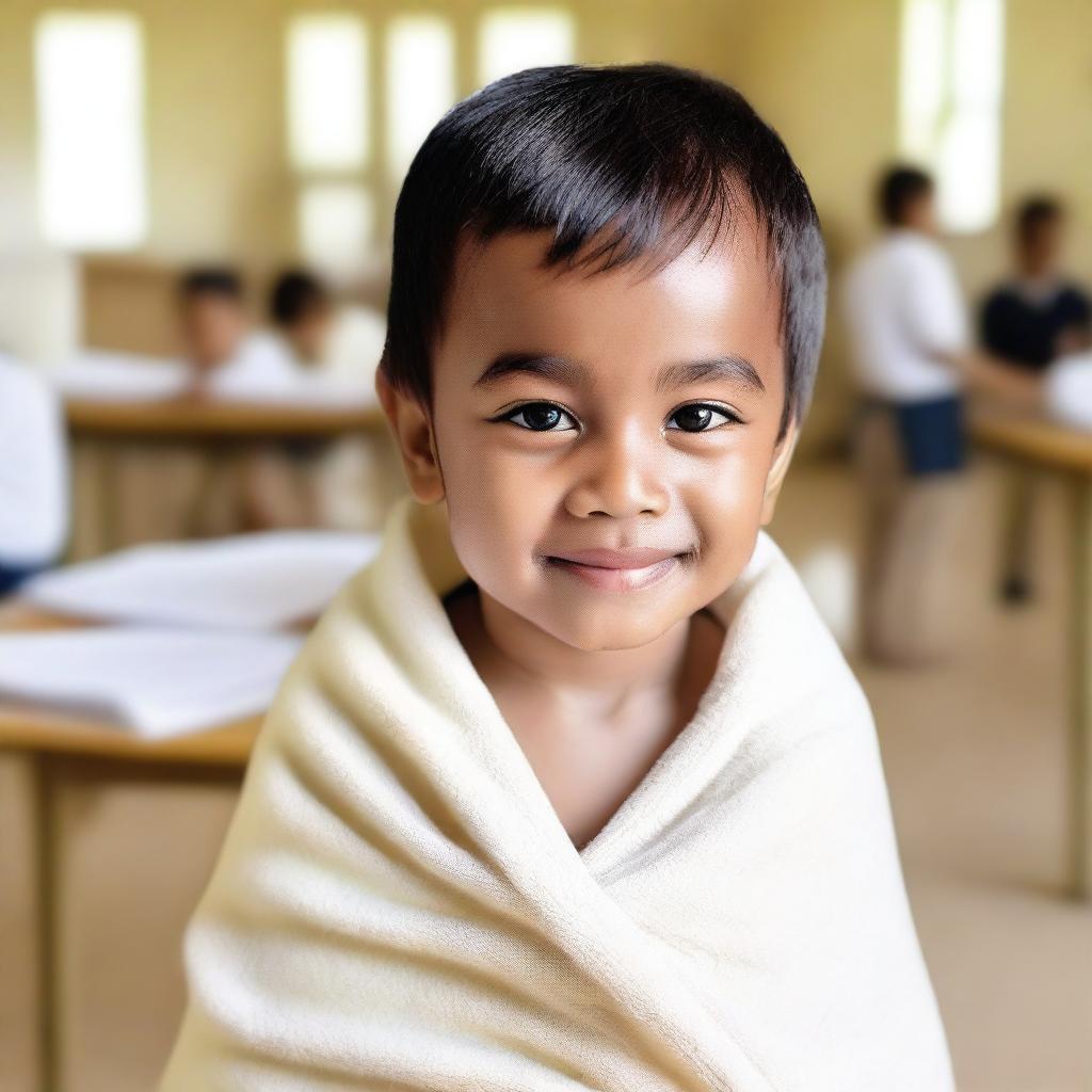 A high-quality photo capturing a small child in a school setting, gently using a soft cotton towel