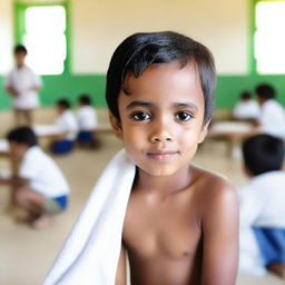 A high-quality photo capturing a small child in a school setting, gently using a soft cotton towel