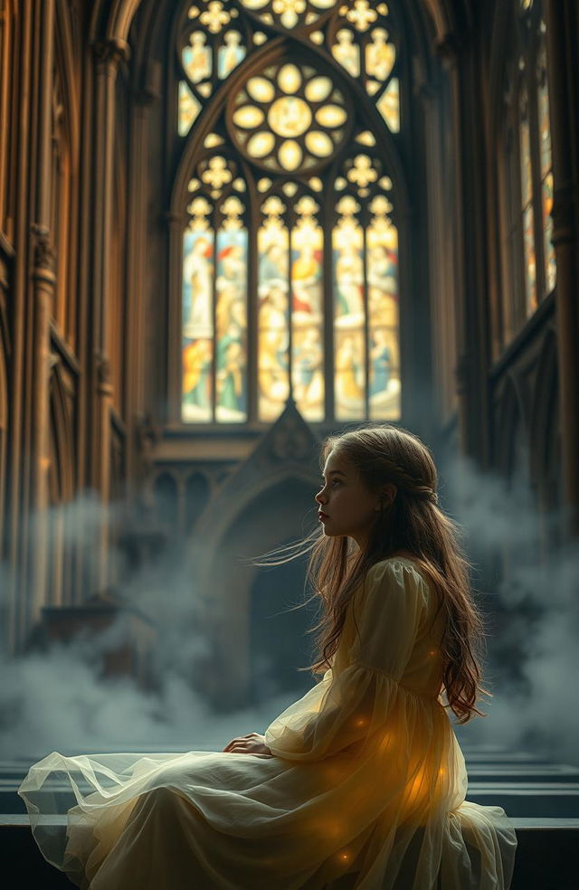 A hauntingly beautiful scene of Bristol Cathedral, showcasing its intricate Gothic architecture and stunning stained glass windows