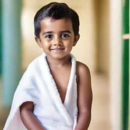 A high-quality photo capturing a small child in a school setting, gently using a soft cotton towel