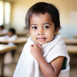 A high-quality photo capturing a small child in a school setting, gently using a soft cotton towel