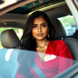 An Indian woman wearing a deep neck red blouse, sitting elegantly in the passenger seat of a car