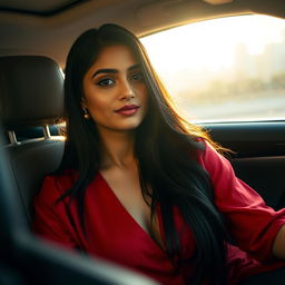 An Indian woman wearing a deep neck red blouse, sitting elegantly in the passenger seat of a car