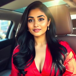 An Indian woman wearing a deep neck red blouse, sitting elegantly in the passenger seat of a car