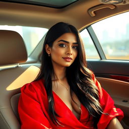 An Indian woman wearing a deep neck red blouse, sitting elegantly in the passenger seat of a car
