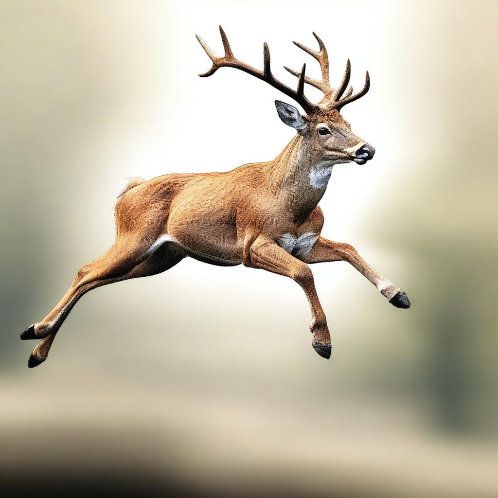 A high-quality digital art illustration of a deer in mid-jump