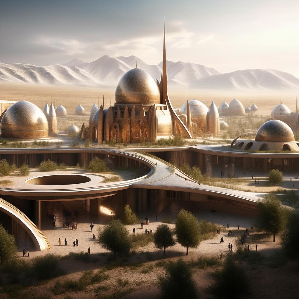 Create an image of Central Asia in the year 2023, envisaged as if it had never been conquered by Czarist Russia, exhibiting a unique blend of traditional and futuristic architectural styles and flourishing societies