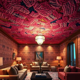 A surreal interior design scene featuring a luxurious room with a ceiling completely covered in plush, colorful carpeting