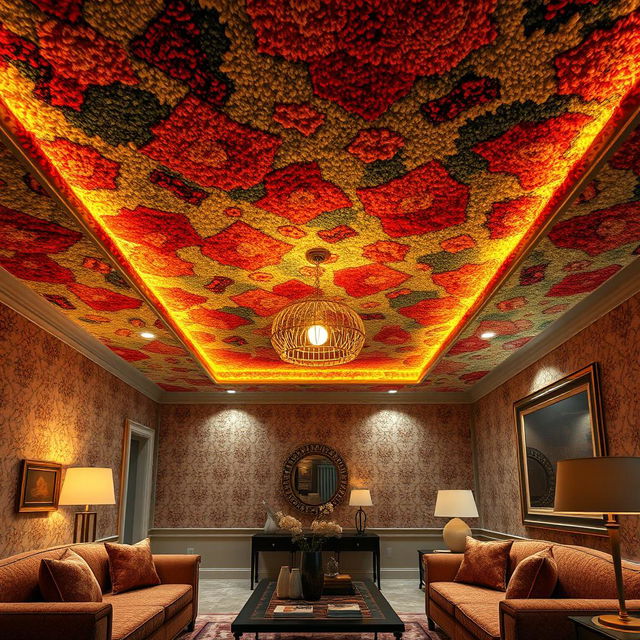 A surreal interior design scene featuring a luxurious room with a ceiling completely covered in plush, colorful carpeting