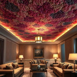 A surreal interior design scene featuring a luxurious room with a ceiling completely covered in plush, colorful carpeting