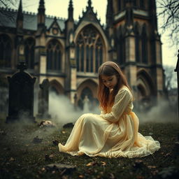 A hauntingly atmospheric scene set in a cemetery adjacent to Bristol Cathedral, featuring its majestic Gothic architecture in the background