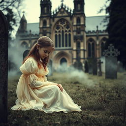 A hauntingly atmospheric scene set in a cemetery adjacent to Bristol Cathedral, featuring its majestic Gothic architecture in the background