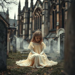 A hauntingly atmospheric scene set in a cemetery adjacent to Bristol Cathedral, featuring its majestic Gothic architecture in the background