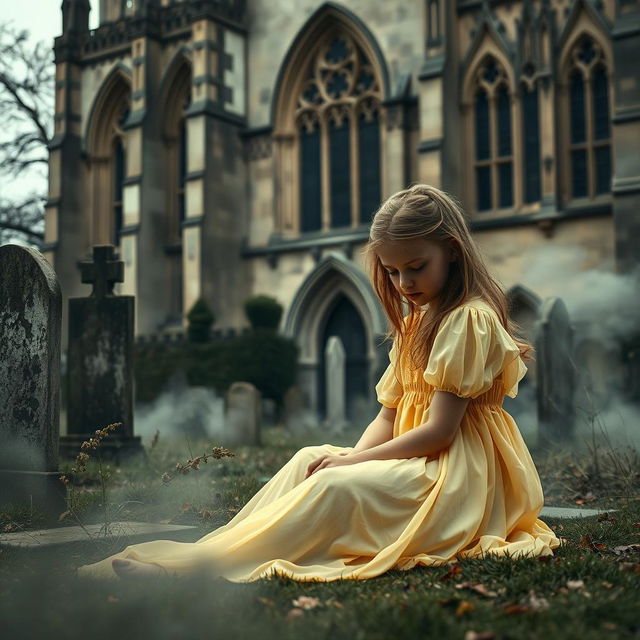 A hauntingly atmospheric scene set in a cemetery adjacent to Bristol Cathedral, featuring its majestic Gothic architecture in the background