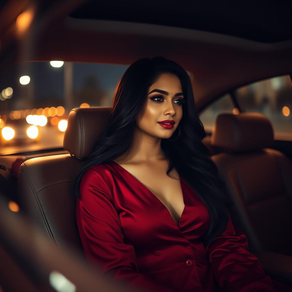 An Indian woman wearing a deep neck red blouse that elegantly showcases her neckline, sitting gracefully in the passenger seat of a car at night