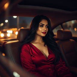 An Indian woman wearing a deep neck red blouse that elegantly showcases her neckline, sitting gracefully in the passenger seat of a car at night