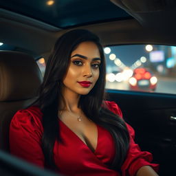 An Indian woman wearing a deep neck red blouse that elegantly showcases her neckline, sitting gracefully in the passenger seat of a car at night