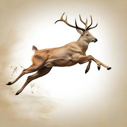 A high-quality digital art illustration of a deer in mid-jump