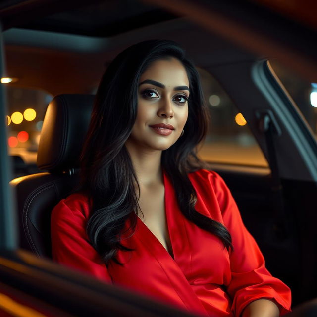 An Indian woman wearing a deep neck red blouse that elegantly showcases her neckline, sitting gracefully in the passenger seat of a car at night