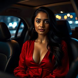 An Indian woman wearing a deep neck red blouse that elegantly showcases her neckline, sitting gracefully in the passenger seat of a car at night