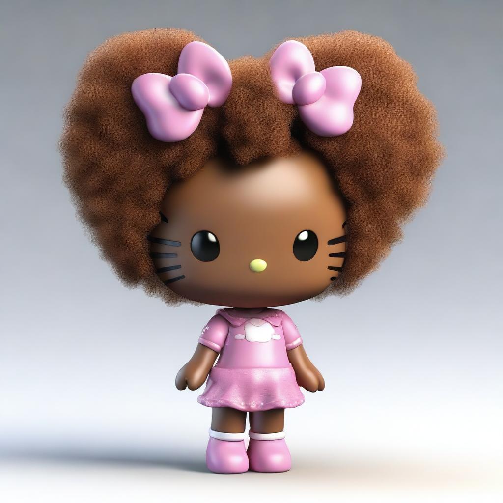 A high-quality 3D render of an African American Hello Kitty characterized by her brown fur and a voluminous afro