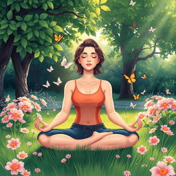 A beautifully intricate illustration of a serene meditation scene in a picturesque garden setting, where a relaxed woman sits cross-legged on a soft grass surface surrounded by blooming flowers, delicate butterflies fluttering around her