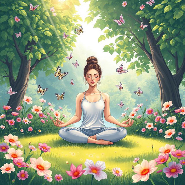 A beautifully intricate illustration of a serene meditation scene in a picturesque garden setting, where a relaxed woman sits cross-legged on a soft grass surface surrounded by blooming flowers, delicate butterflies fluttering around her