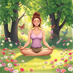 A beautifully intricate illustration of a serene meditation scene in a picturesque garden setting, where a relaxed woman sits cross-legged on a soft grass surface surrounded by blooming flowers, delicate butterflies fluttering around her