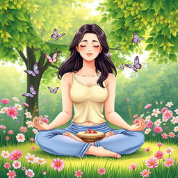 A beautifully intricate illustration of a serene meditation scene in a picturesque garden setting, where a relaxed woman sits cross-legged on a soft grass surface surrounded by blooming flowers, delicate butterflies fluttering around her