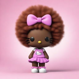 A high-quality 3D render of an African American Hello Kitty characterized by her brown fur and a voluminous afro