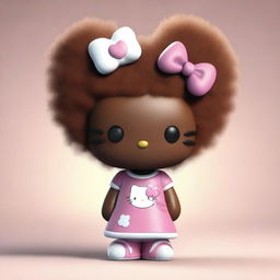 A high-quality 3D render of an African American Hello Kitty characterized by her brown fur and a voluminous afro