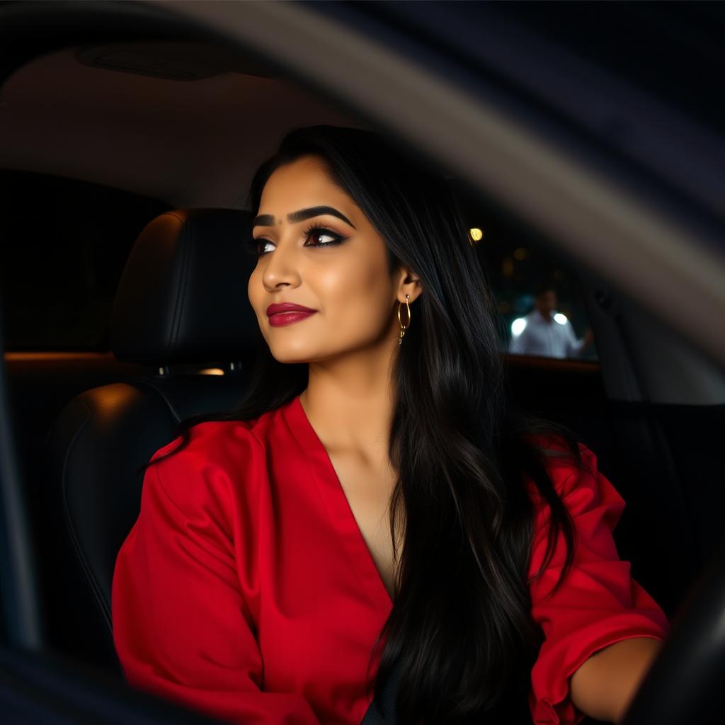 An Indian woman wearing a deep neck red blouse that beautifully highlights her neckline, sitting in the passenger seat of a car during a dark night