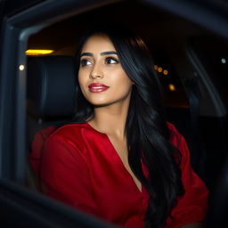 An Indian woman wearing a deep neck red blouse that beautifully highlights her neckline, sitting in the passenger seat of a car during a dark night
