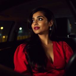 An Indian woman wearing a deep neck red blouse that beautifully highlights her neckline, sitting in the passenger seat of a car during a dark night