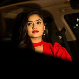 An Indian woman wearing a deep neck red blouse that beautifully highlights her neckline, sitting in the passenger seat of a car during a dark night
