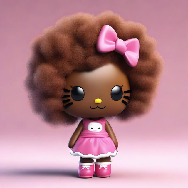 A high-quality 3D render of an African American Hello Kitty characterized by her brown fur and a voluminous afro