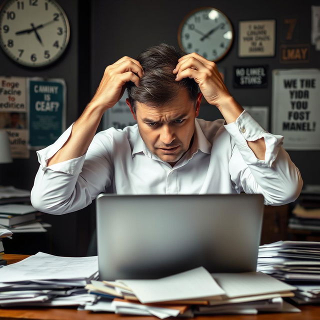 A middle-aged man looking stressed, sitting at a cluttered desk piled with papers and an open laptop, his hands gripping his hair in frustration