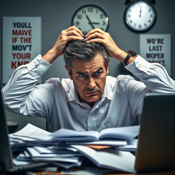 A middle-aged man looking stressed, sitting at a cluttered desk piled with papers and an open laptop, his hands gripping his hair in frustration