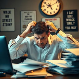 A middle-aged man looking stressed, sitting at a cluttered desk piled with papers and an open laptop, his hands gripping his hair in frustration
