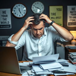 A middle-aged man looking stressed, sitting at a cluttered desk piled with papers and an open laptop, his hands gripping his hair in frustration