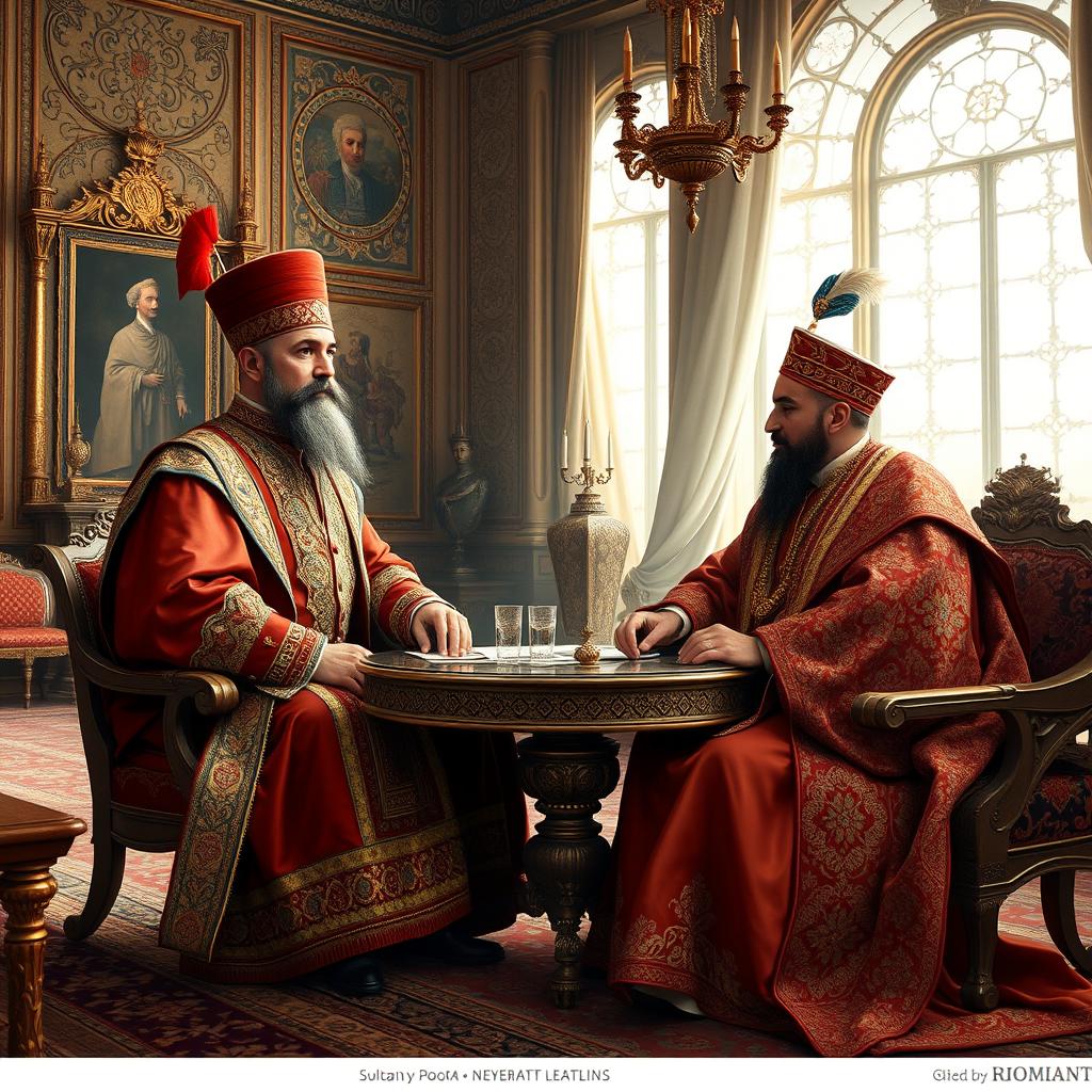 A historical depiction of Abd al-Hamid II, the Ottoman Sultan, in a meeting with Muzaffar al-Din Shah Qajar