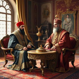 A historical depiction of Abd al-Hamid II, the Ottoman Sultan, in a meeting with Muzaffar al-Din Shah Qajar