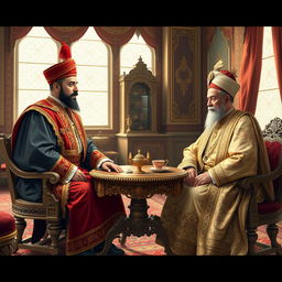 A historical depiction of Abd al-Hamid II, the Ottoman Sultan, in a meeting with Muzaffar al-Din Shah Qajar